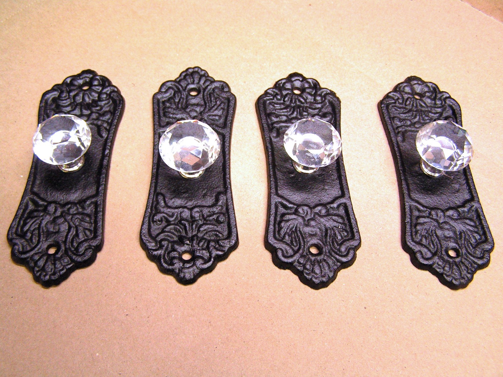 Four Glass Crystal Style Knobs, Black Cast Iron Backplate, Old Style Hardware