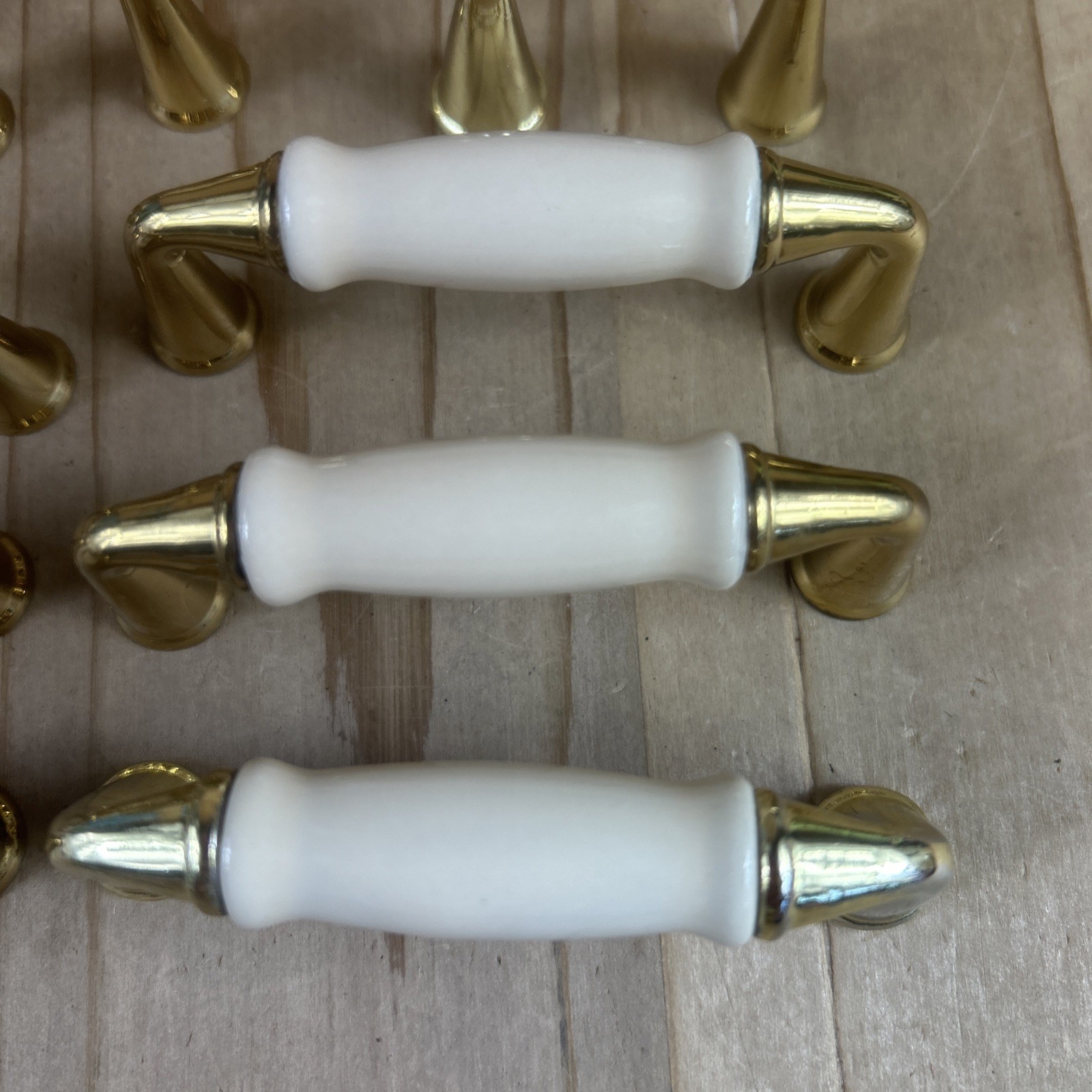 Vintage Drawer Pulls Cabinet Handles Set of 12 Beige Ceramic Center 3.5” Brass