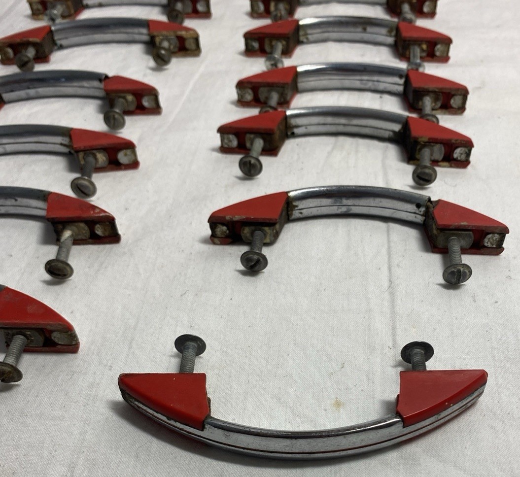 12 Vintage ART DECO MCM Diner Style Cabinet Handles Pulls Chrome Red Nice