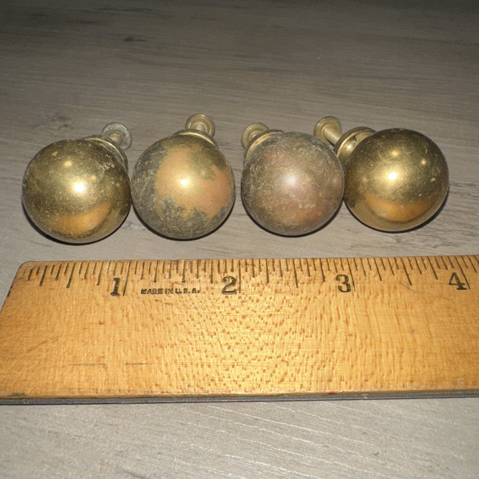 4 Brass Drawer Pulls Round Cannon Ball Style Nice Patina!
