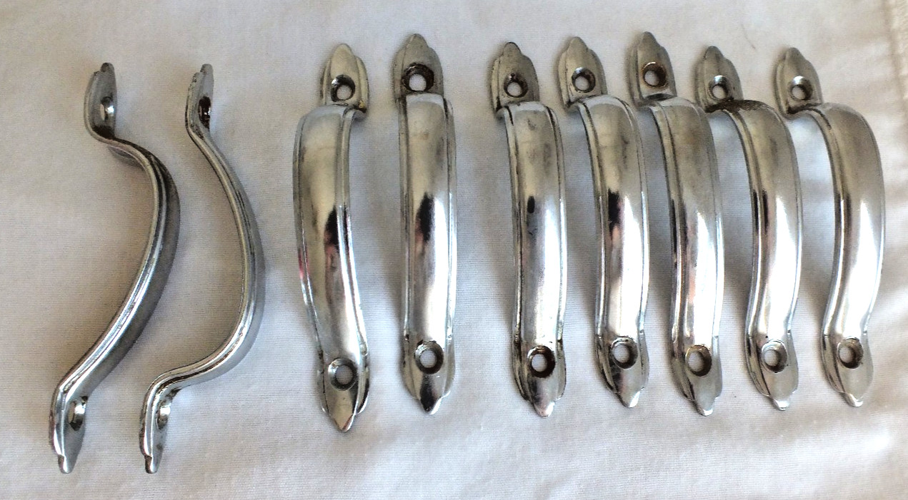 9 vintage metal pressed steel drawer door pulls handles convex 4.25″ ribbed edge