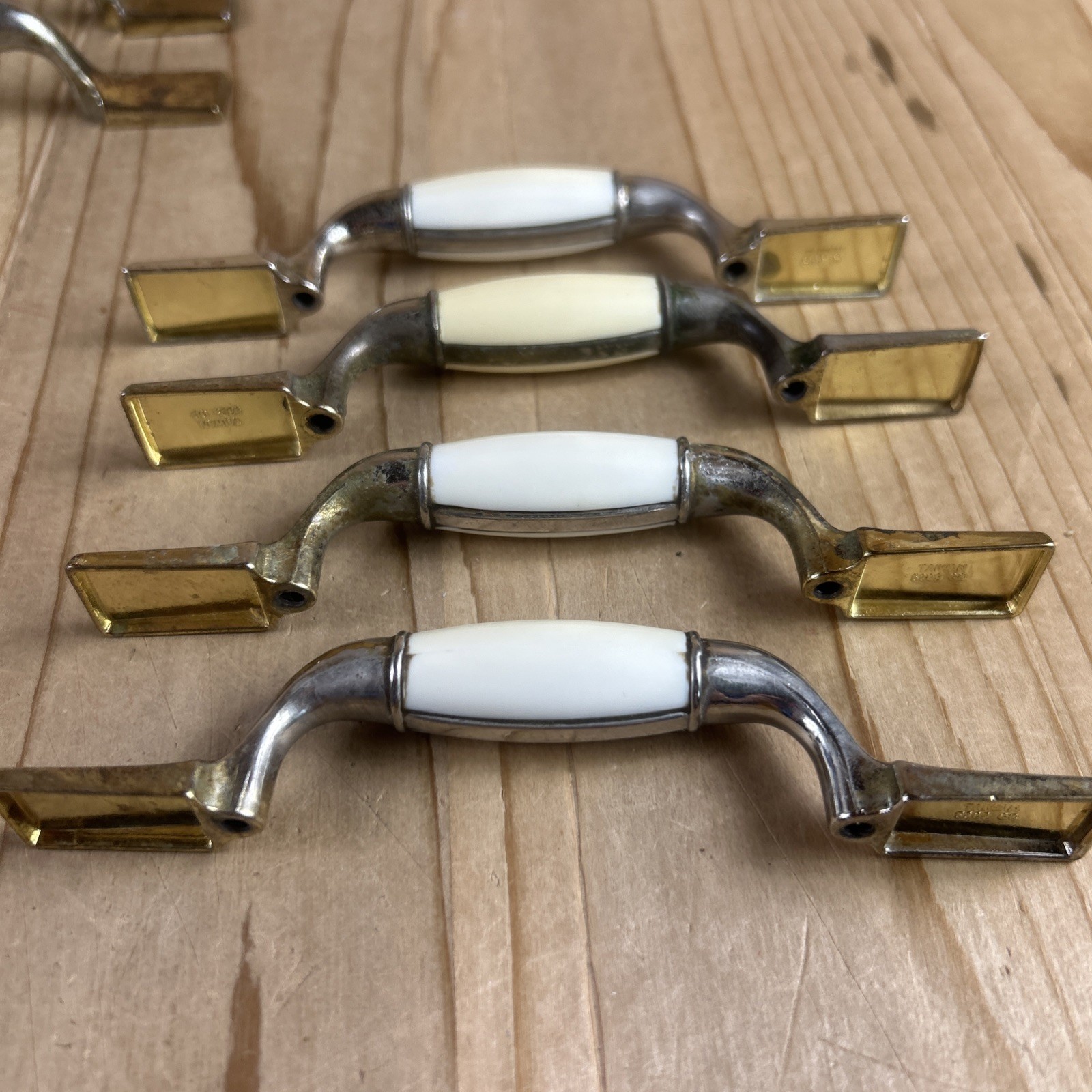 Vintage Drawer Pulls Cabinet Handles Set of 12 Beige Ceramic Center 5.5” Brass