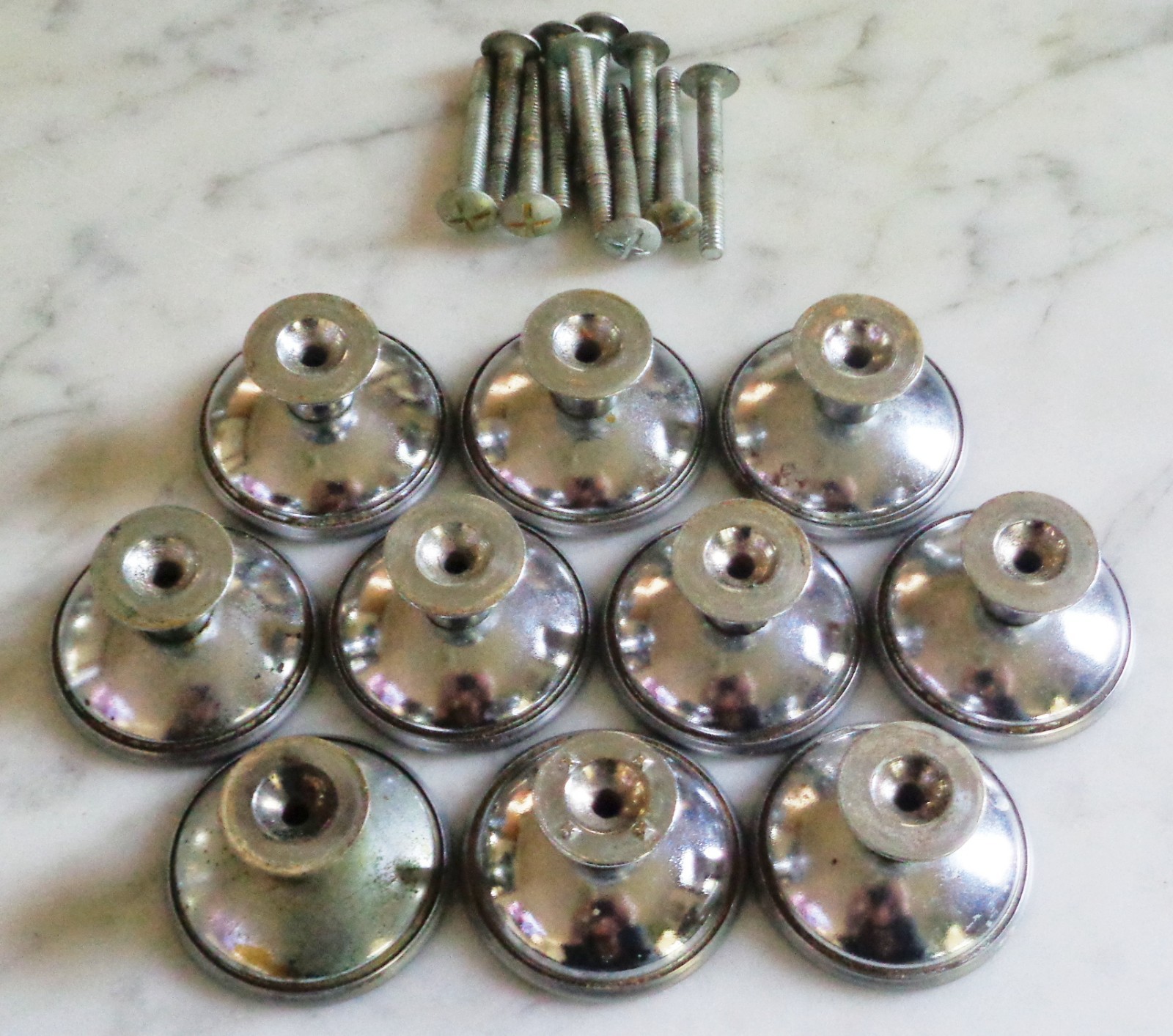 10 Mushroom Chrome Knobs Cabinet Drawer Pull Vintage 1 1/2in Hollow Concave UFO