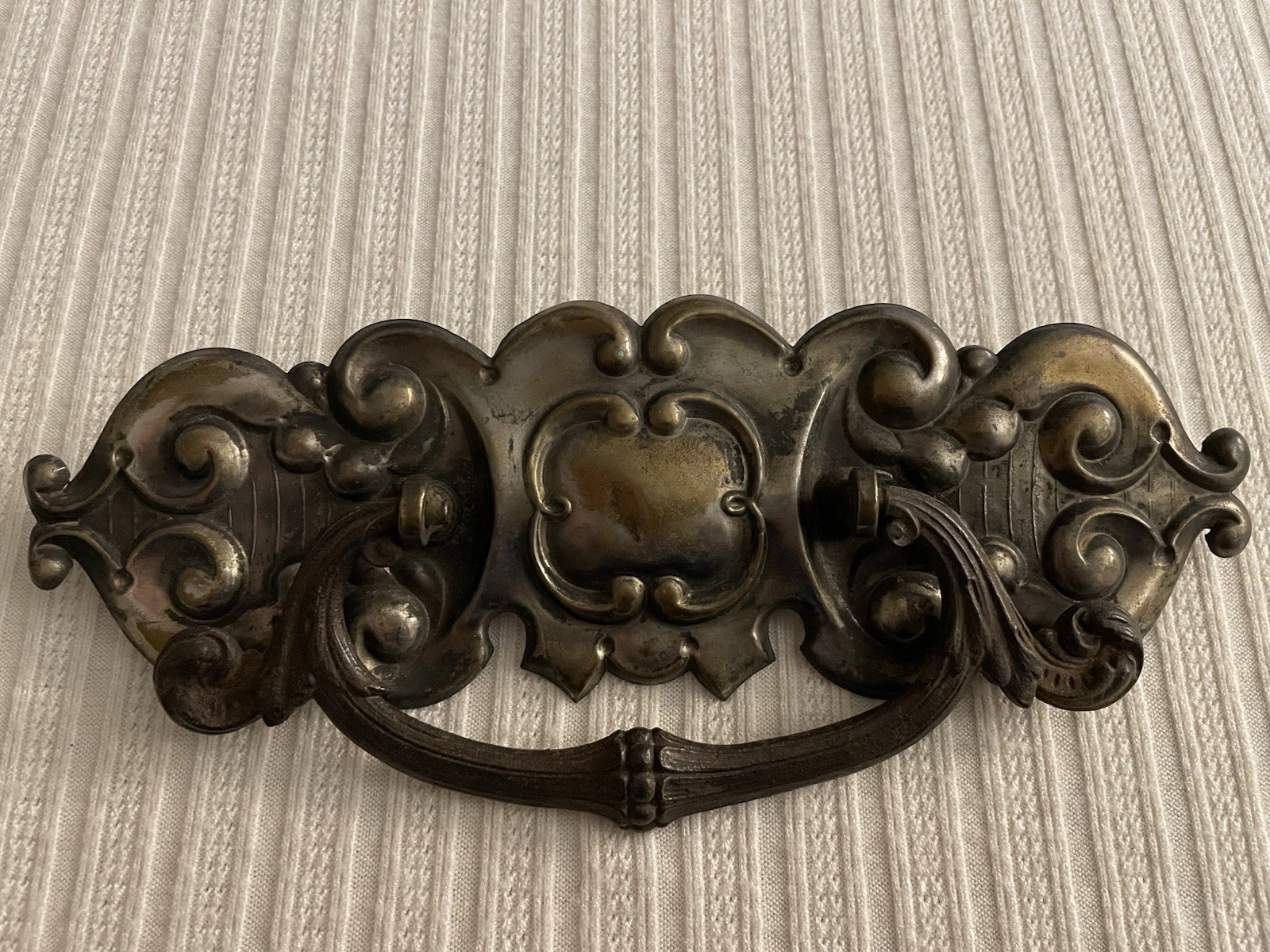 Ornate Victorian style door pull, pot metal, patina, rusted, bail pull