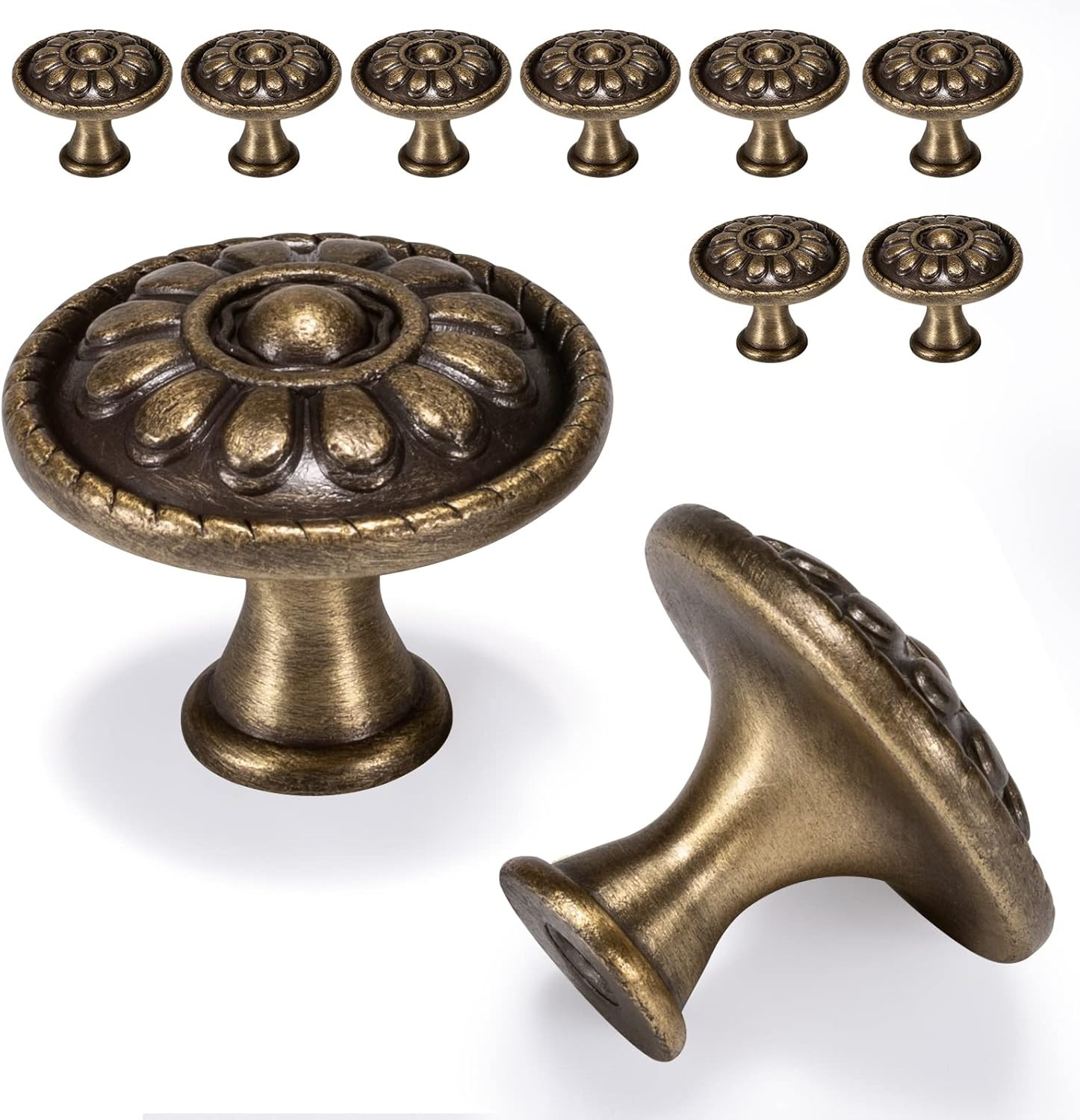 10 Pack Antique Brass Cabinet Knobs, Vintage Retro Drawer Knobs, Solid round …