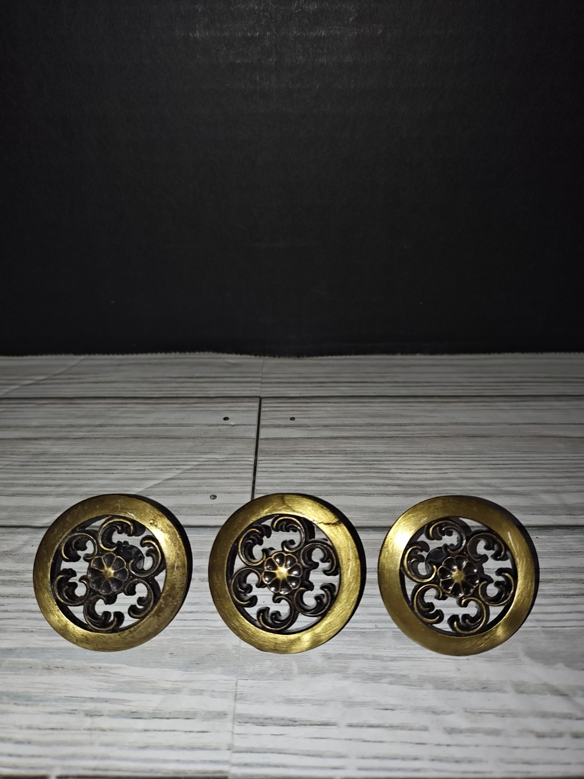 Vintage Drawer Pulls Cabinet Knobs Brass Tone Floral Round Circle AJAX USA
