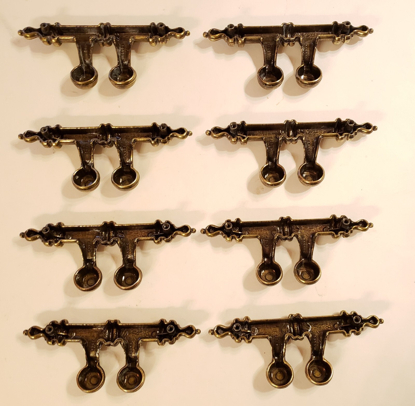 8 VTG Belwith Spindle Brass Drawer Pulls w/ Finger Cups 4″ Post Mounts 6″Long