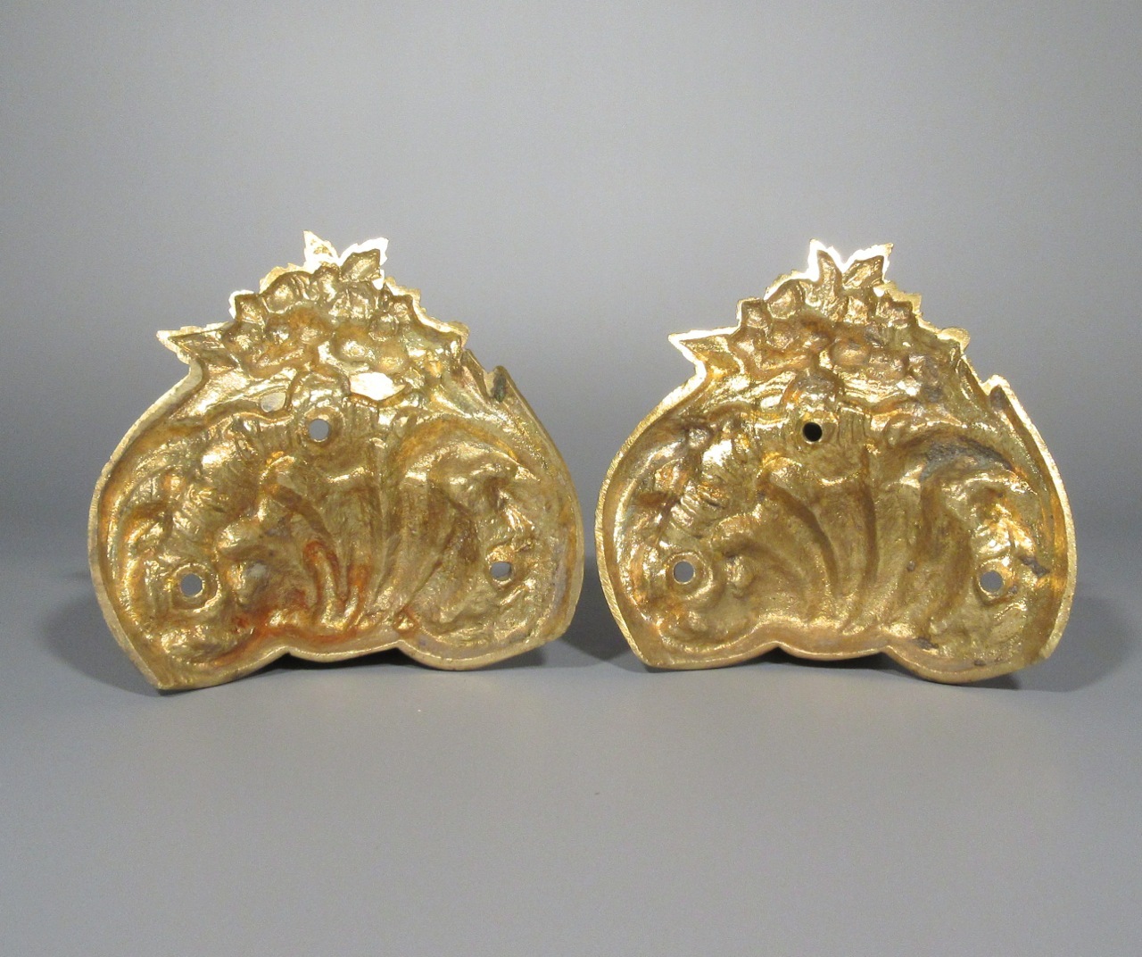 Pair of Antique French Gilded Bronze Handles, Shell, Flowers, Rococo