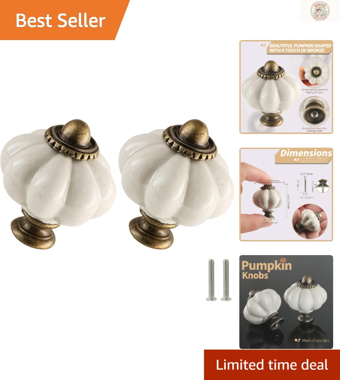 Ceramic Pumpkin Knobs 2 Pack – Antique White Vintage Drawer Pulls with Screws