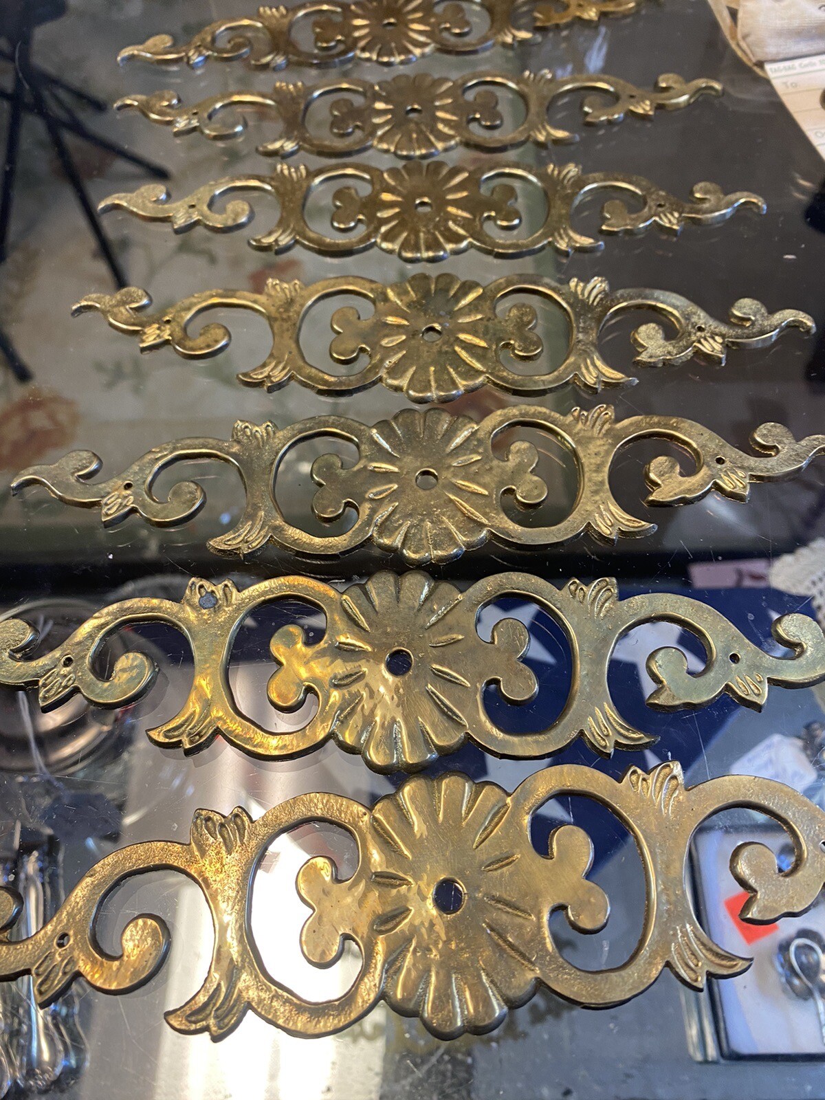 7 Antique Cast Brass Ornate Cabinet Dresser Drawer Plates Keeler Brass