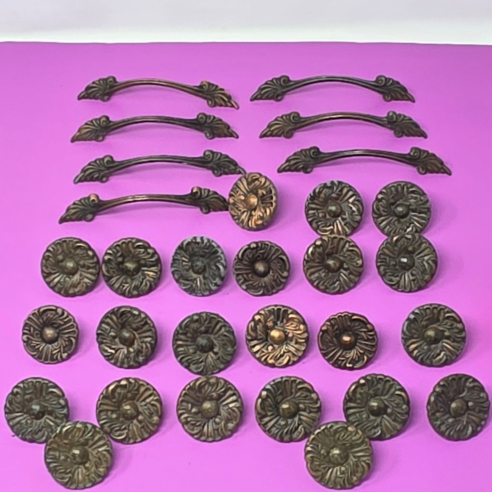 Set Of Vintage Brass Drawer Knobs & 6 Handles With Ornate Floral Design