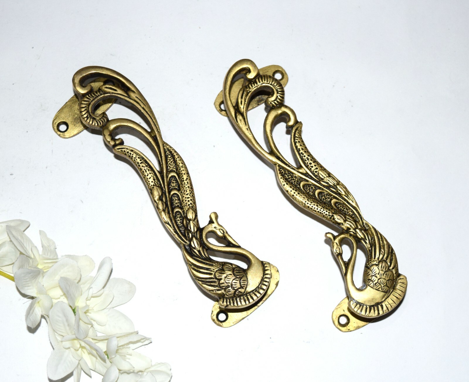 Brass Peacock Door Handle Pair 7” Inches Turkey Bird Design Almirah Pull EK560