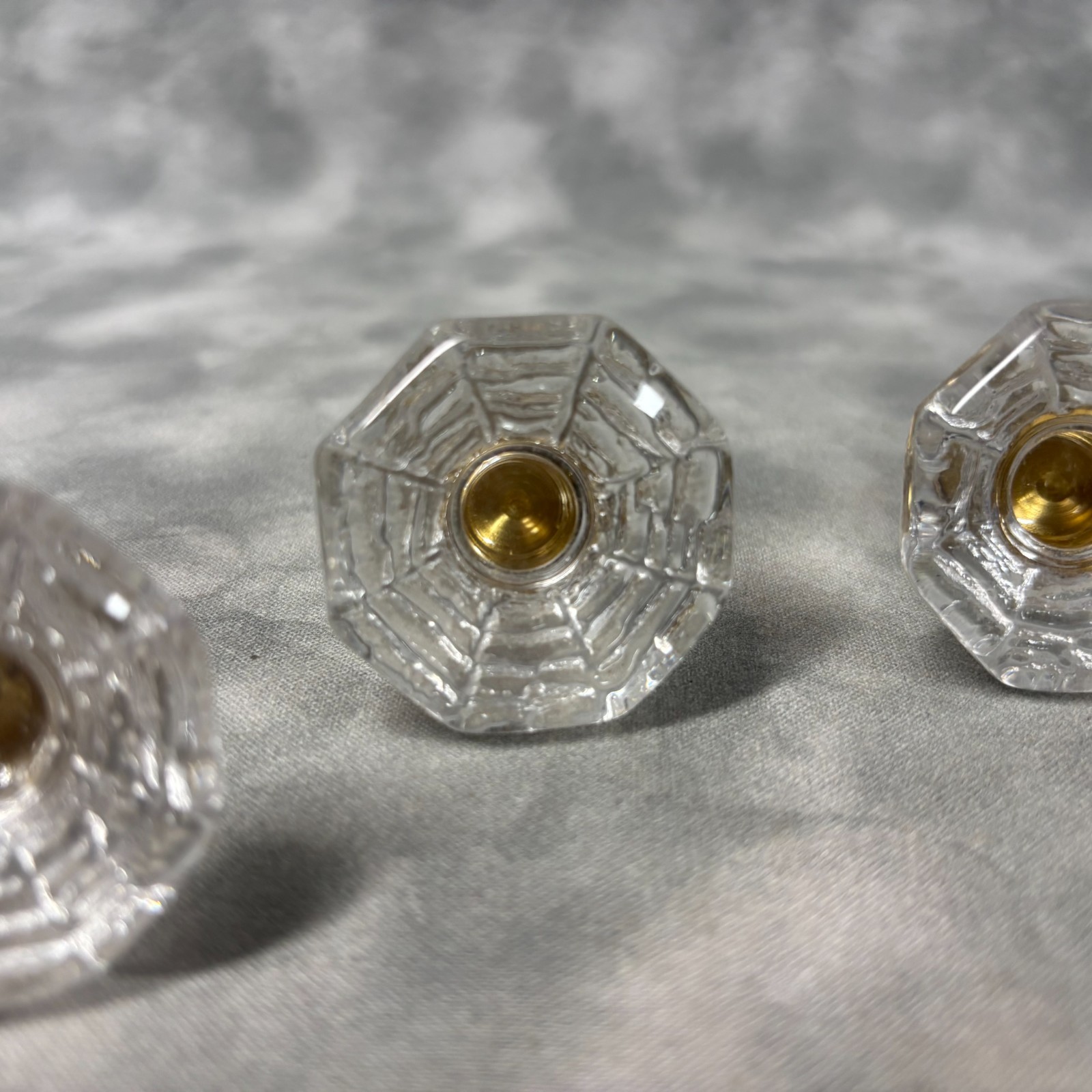 Set of 4 Vintage Glass Drawer Knobs Hexagonal Clear with Brass Center Used
