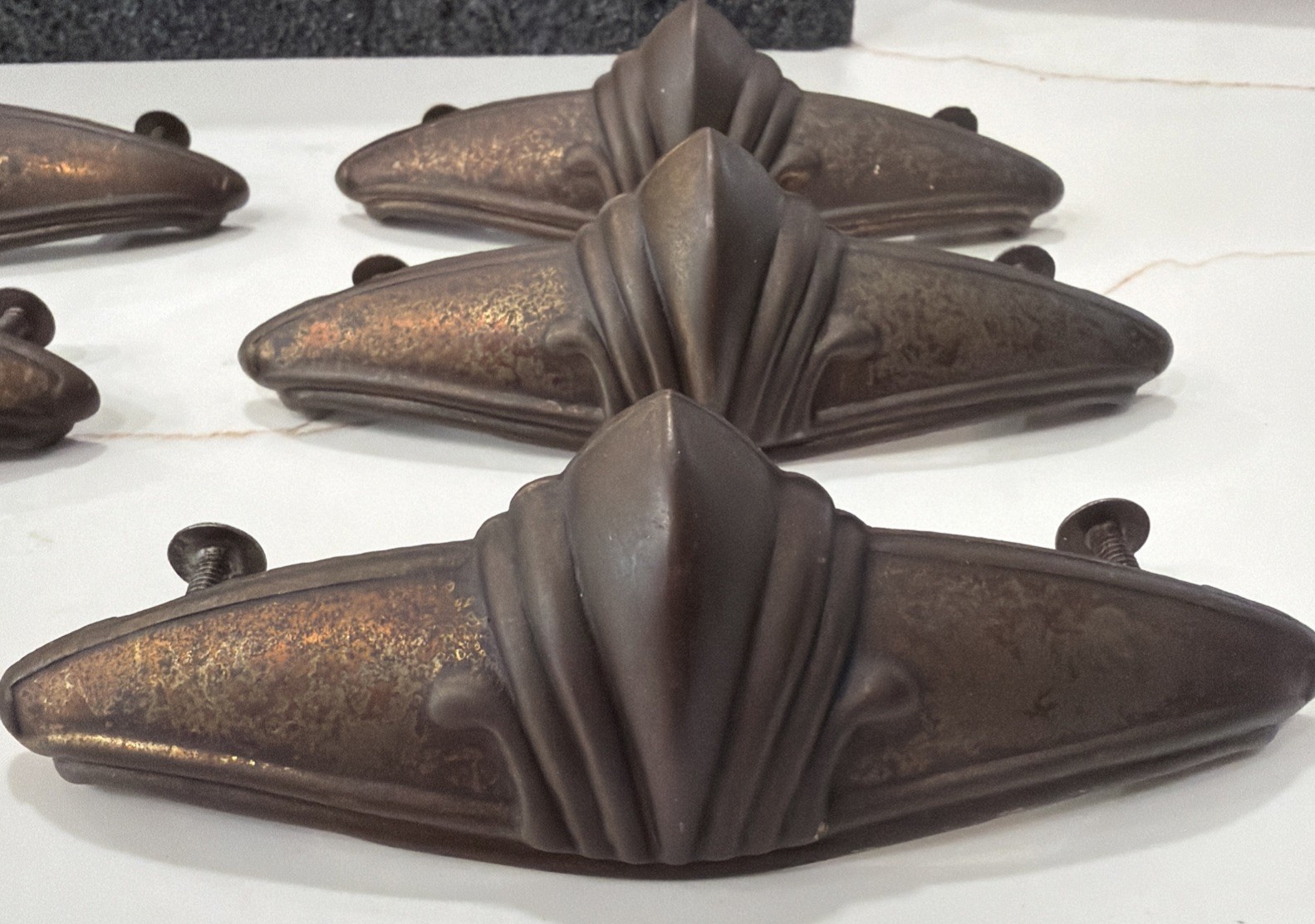 Set of 6 Vintage Art Deco Drawer Pull Handles Copper/Bronze Tone Stamped Steel
