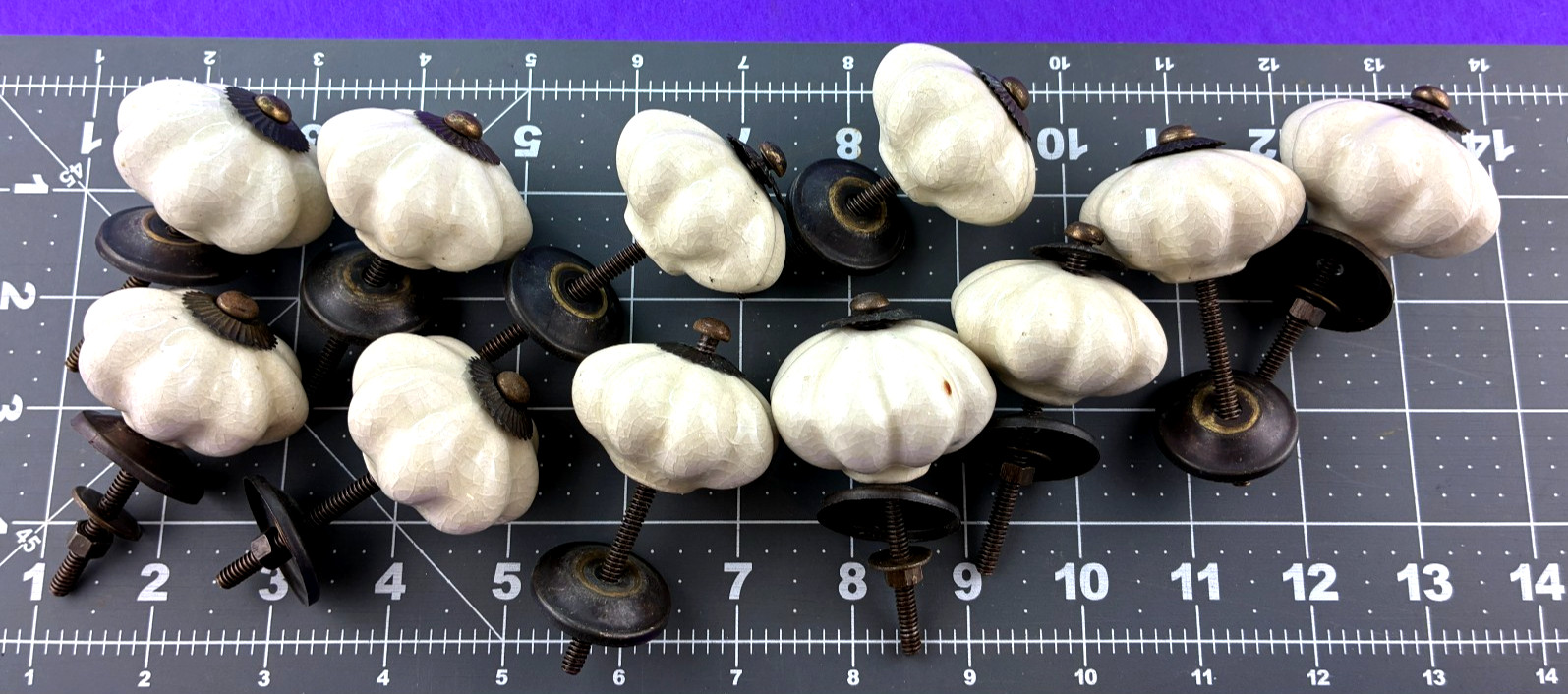 (11)Antique White Porcelain Brass Drawer Pull Knob Ornate Decorative Hardware JS