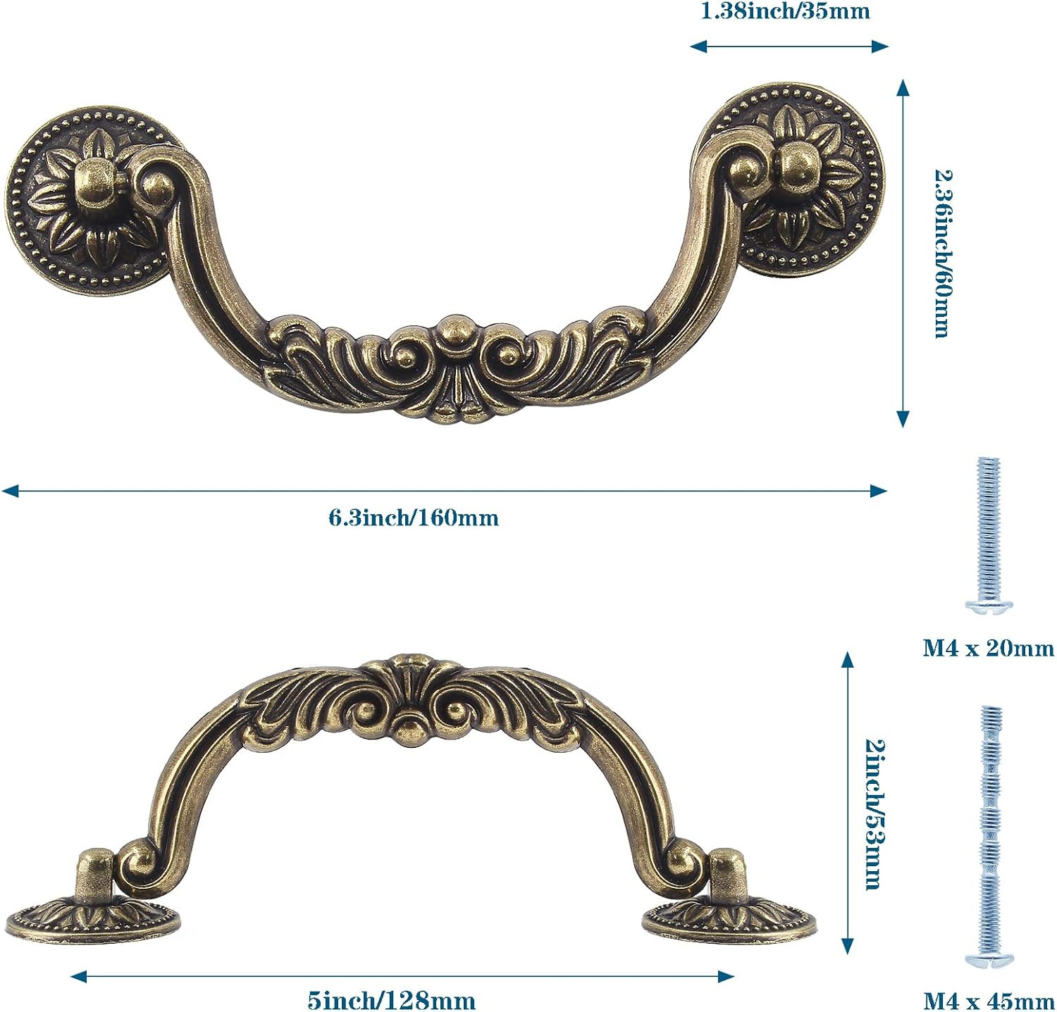 6PCS Antique Drop Bail Pulls, 5 Inch Hole Center Shabby Chic Drawer Pulls Vintag