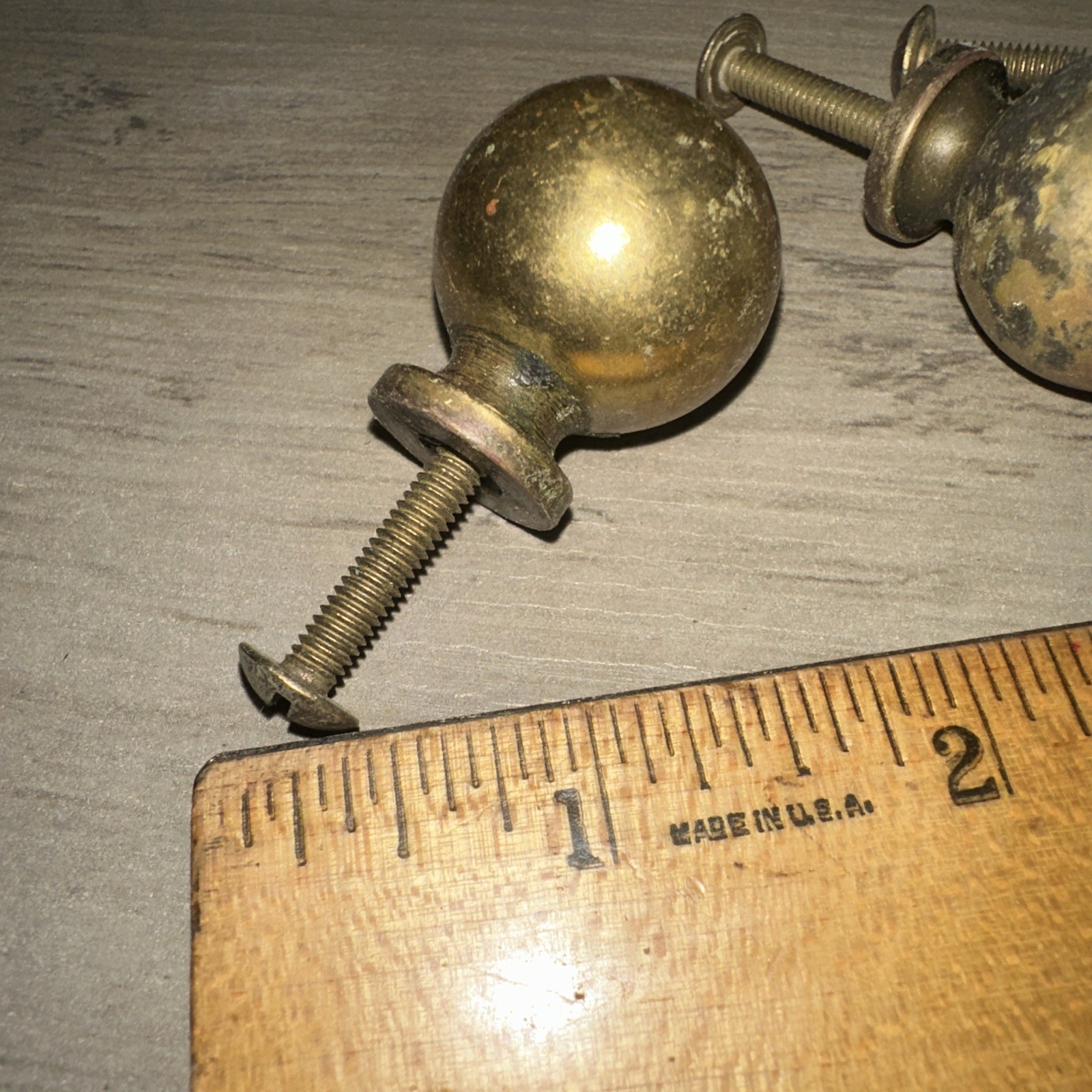 4 Brass Drawer Pulls Round Cannon Ball Style Nice Patina!