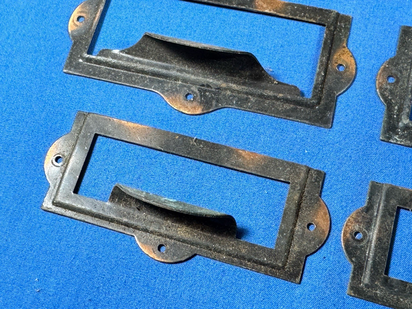 Vintage Japanned Drawer Pulls & Label Holder Plate Library , Apothecary Cabinet