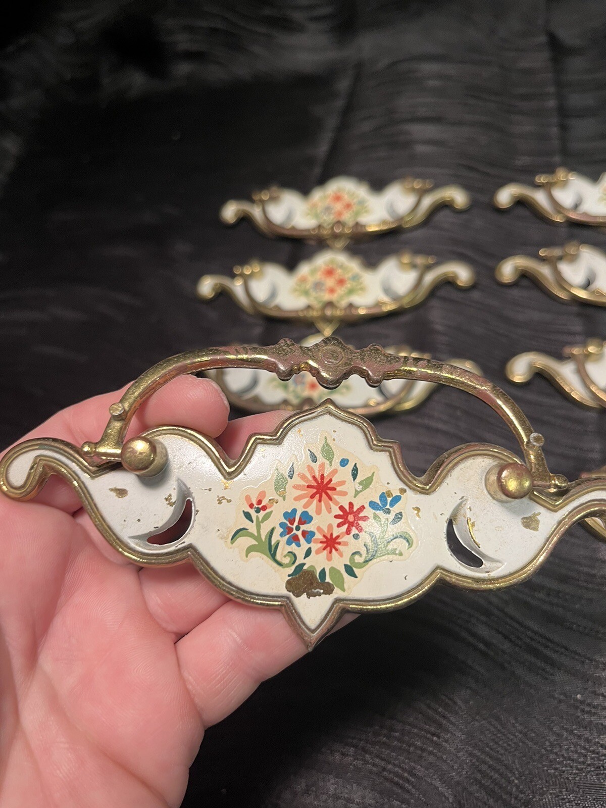 8pc Vintage Brass Drop Bale Dresser Cabinet Drawer Pulls White Floral Design