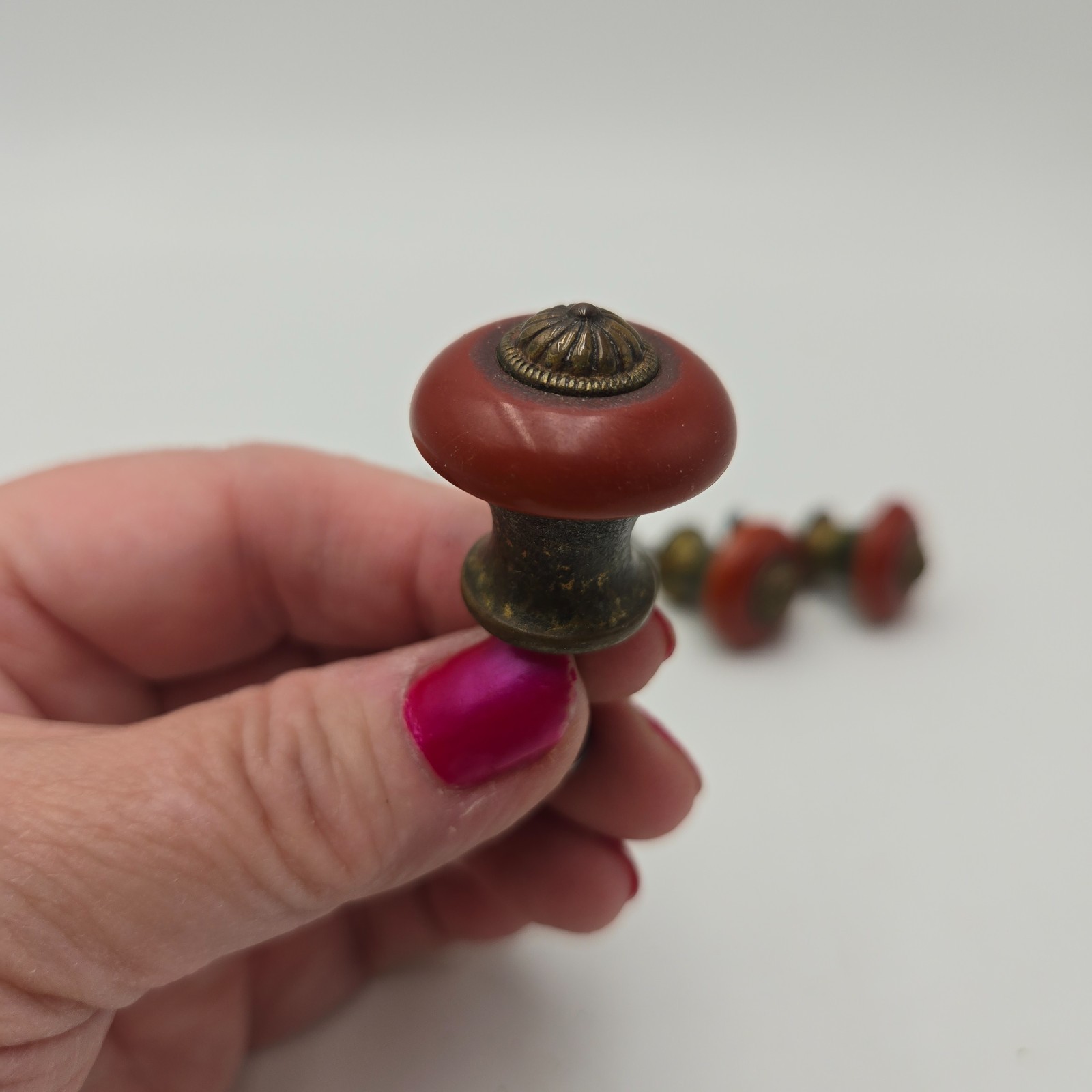 Set of 5 Vintage Red Bakelite and Brass Knobs for Furniture-Drawer Pulls