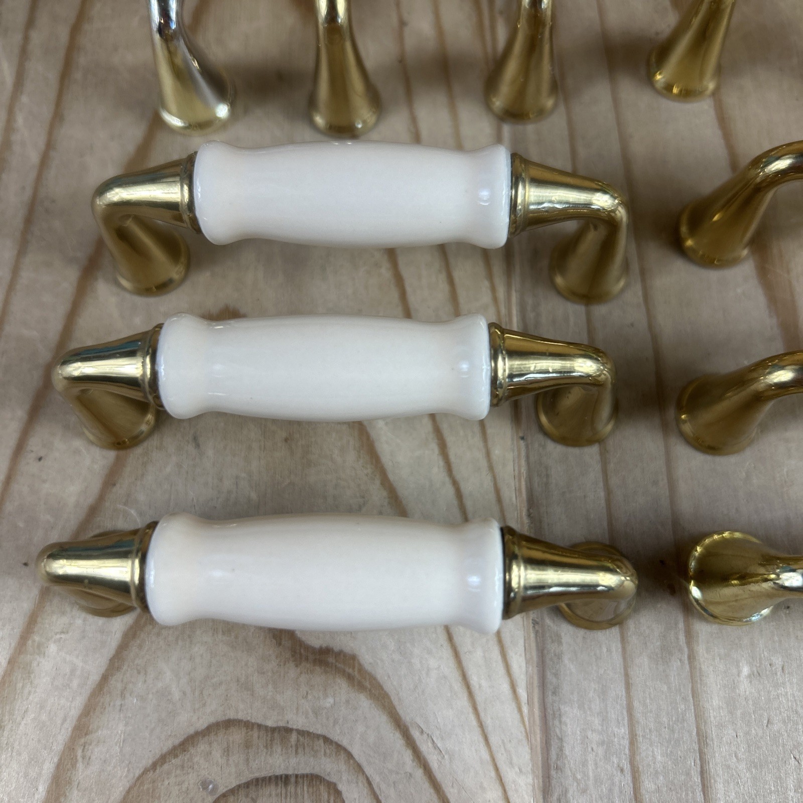 Vintage Drawer Pulls Cabinet Handles Set of 12 Beige Ceramic Center 3.5” Brass