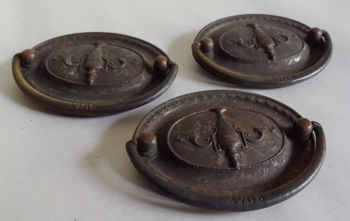 3 VTG/Antique Brass Drop Drawer Pull Oval Backplate Iron Drop Embossed Urn 1920s