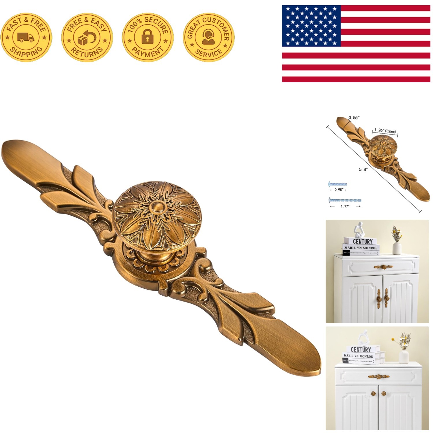 Set of 5 Antique Brass Knobs & Plates for Cabinet Elegance – Flower Design