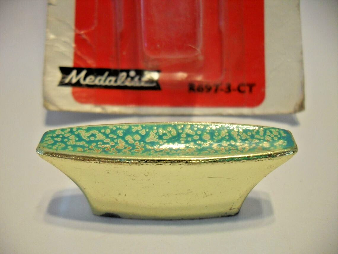 Vintage Nos Brass & Turquoise Drawer Knob Wedge Shaped Cabinet Pull Medalist