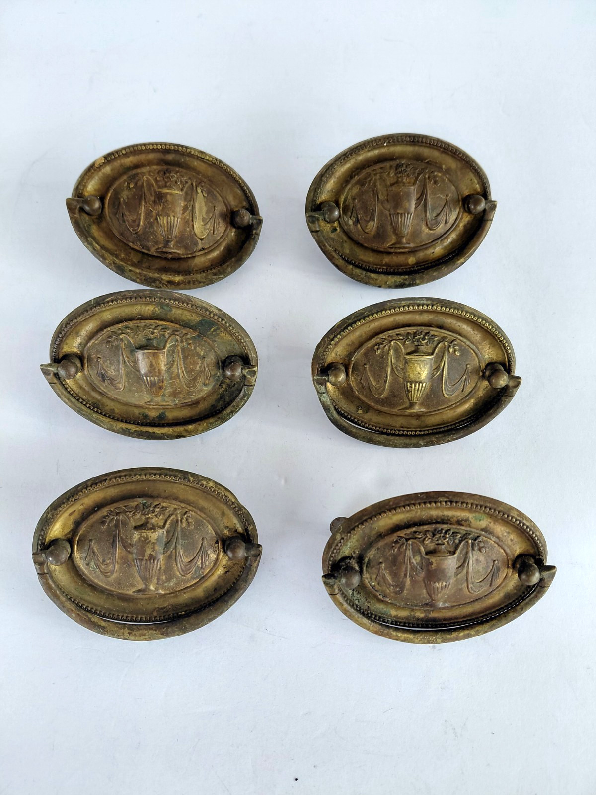 6 Vintage Oval Victorian Drop Bail Pull Brass Stamped 3″ Urn Trophy