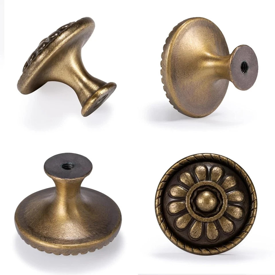 10 Pack Antique Brass Cabinet Knobs, Vintage Retro Drawer Knobs, Solid Round Dre
