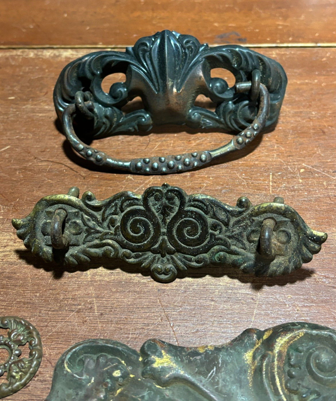 Lot of 9 Mixed Ornate Vintage Pressed Metal Drawer Backplates one with Pull