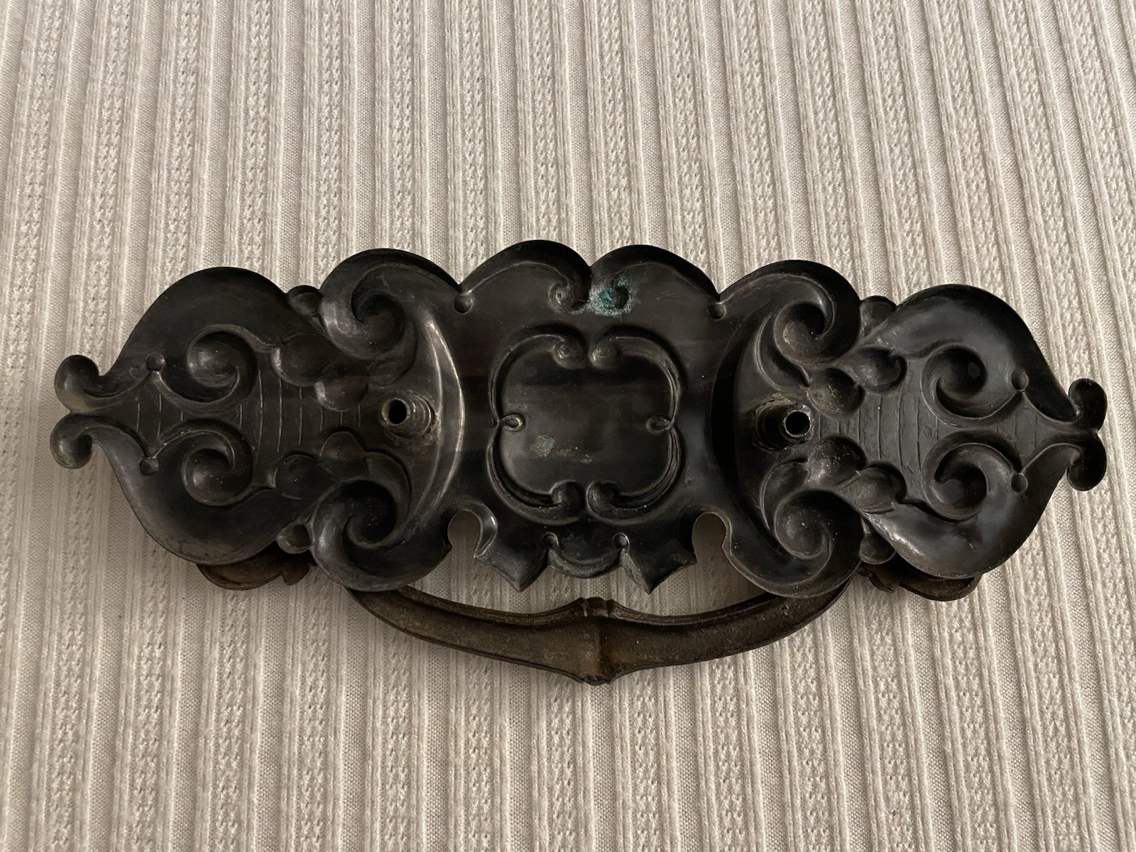 Ornate Victorian style door pull, pot metal, patina, rusted, bail pull