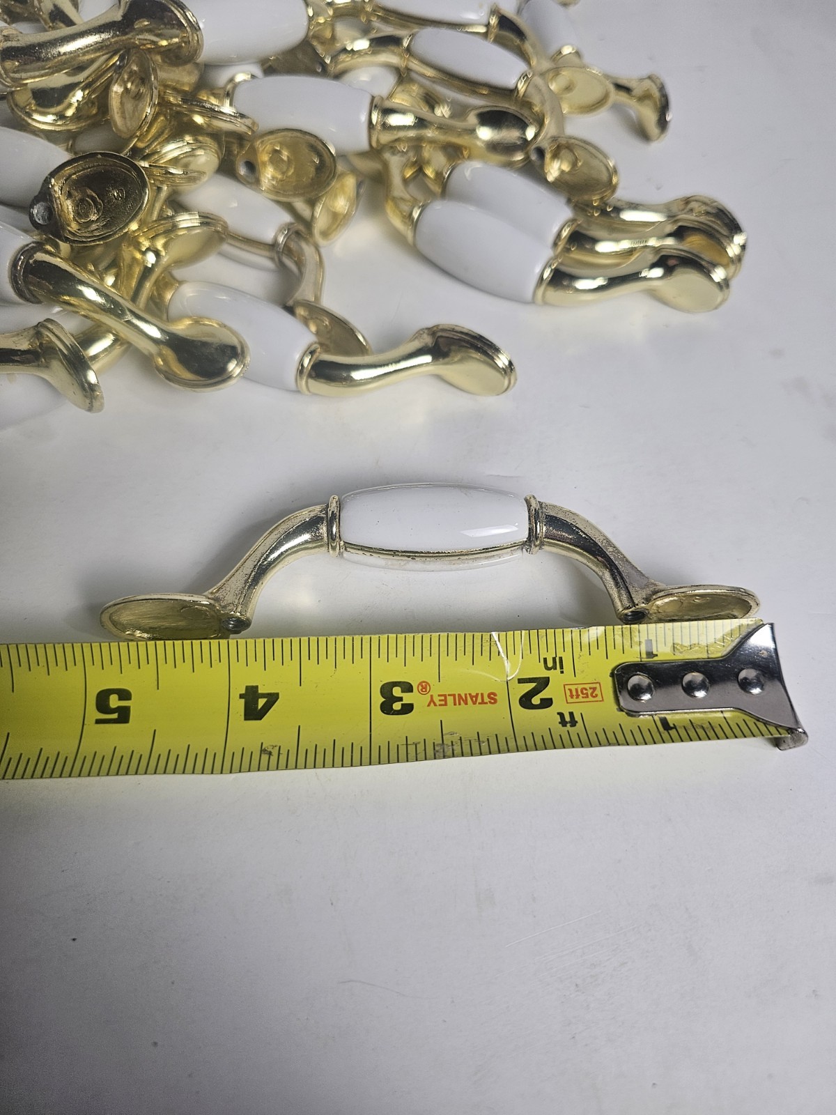 Vintage Drawer Pulls Lot Of 67 White Porcelain & Brass Tone