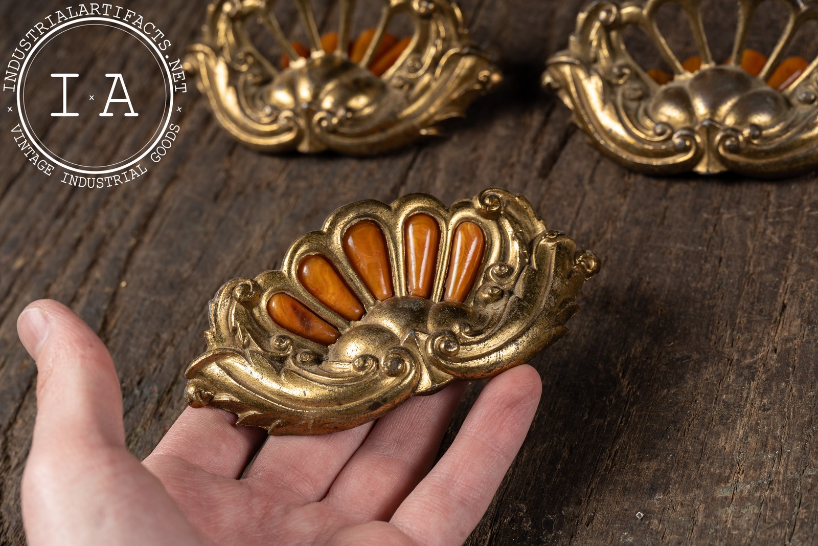 Three Brass Drawer Pulls With Bakelite Inserts