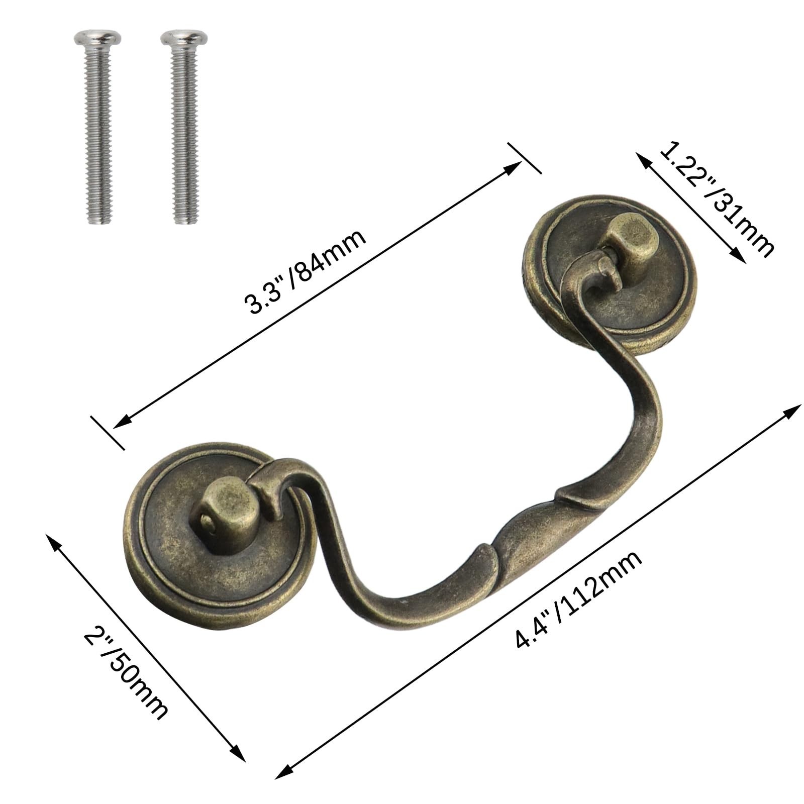 6 Antique Bronze Drop Bail Pulls – Vintage Drawer Cabinet Handles, 3.3″ Centers