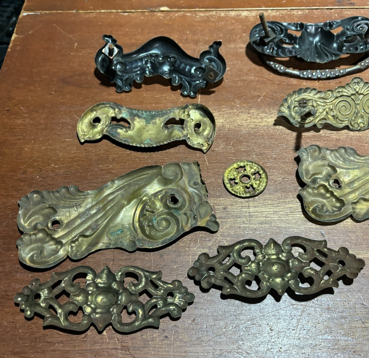 Lot of 9 Mixed Ornate Vintage Pressed Metal Drawer Backplates one with Pull