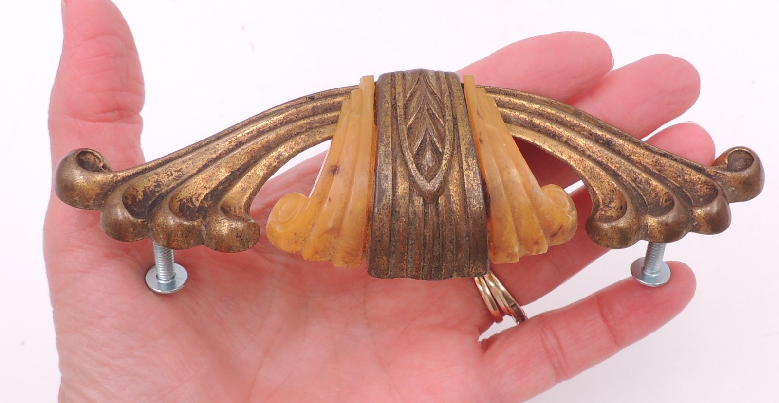 2 Art Deco Drawer Pull w/ Bakelite Vintage Knob Brasstone Waterfall Handle Set