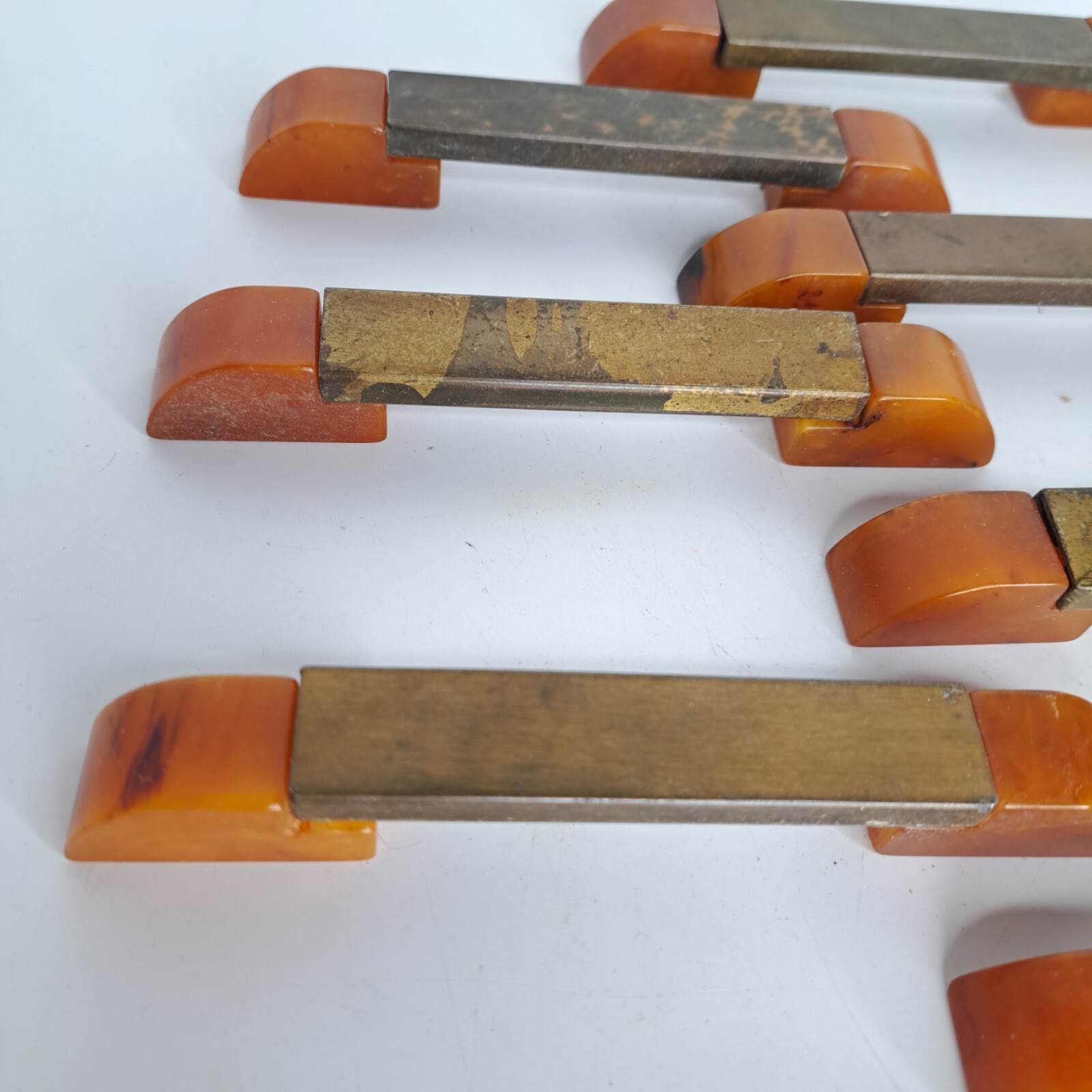 9 Antique ART DECO Butterscotch Bakelite Brass Plated Bar Drawer Pulls Reclaimed
