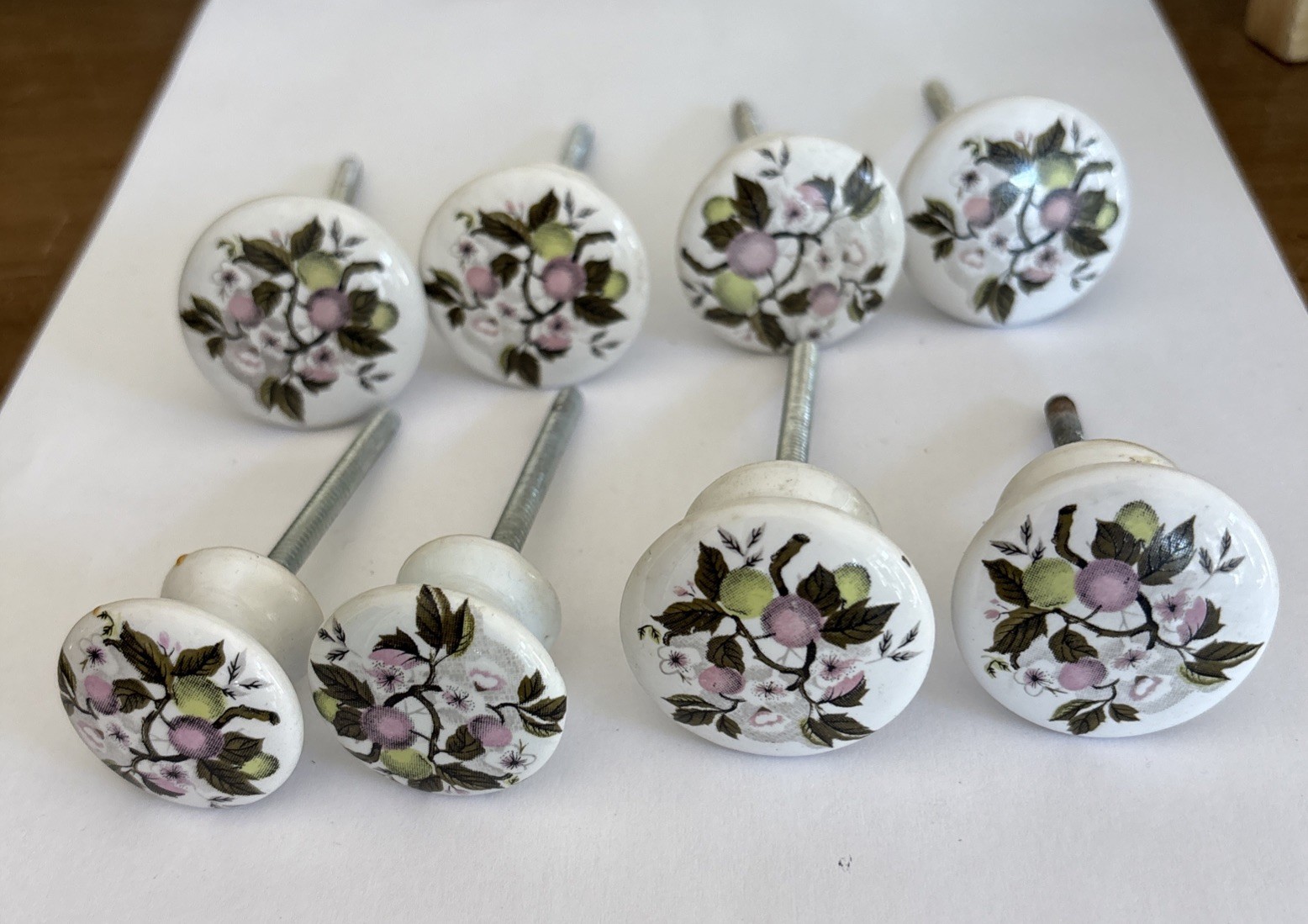 Vtg Porcelain Pulls/Knobs, White Painted Cherry Blossom Floral Design~Lot of 8