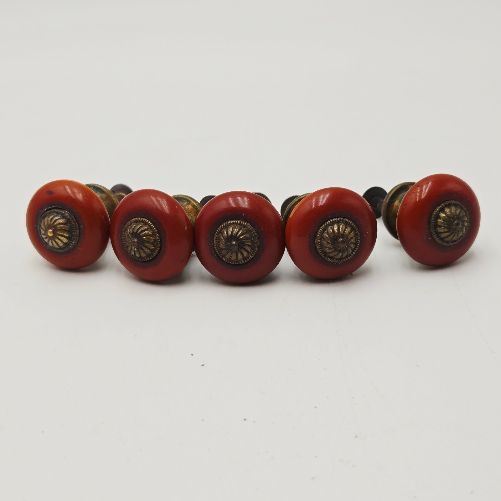 Set of 5 Vintage Red Bakelite and Brass Knobs for Furniture-Drawer Pulls