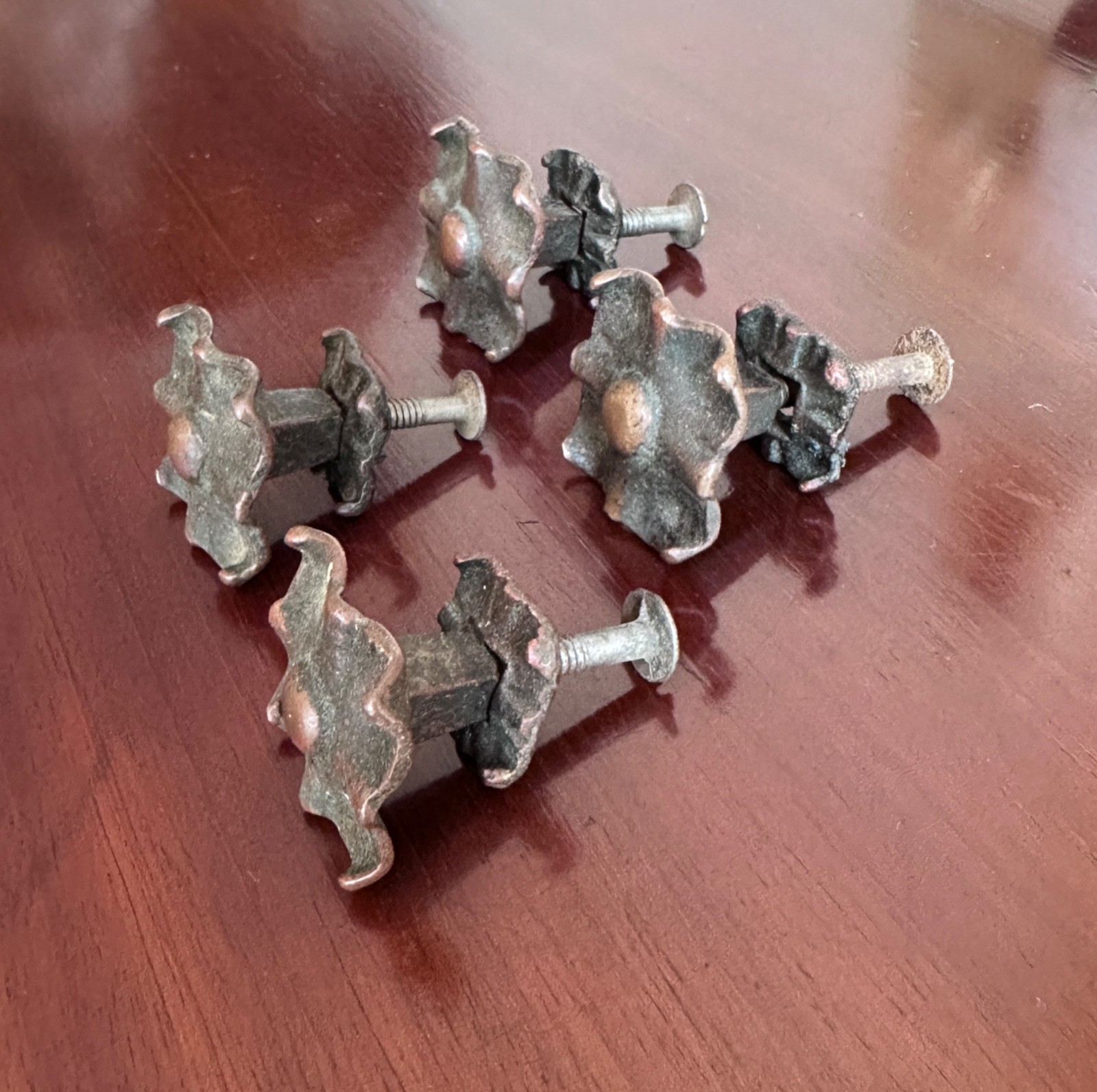 4 Antique Victorian Eastlake Cast Bronze Drawer Knob Pulls w/Scalloped Backplate