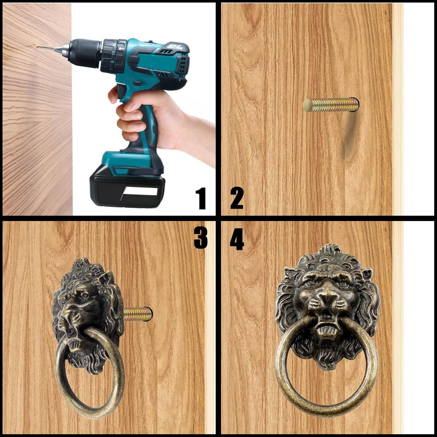 6 Pcs Lion Head Knobs Pull, Antique Bronze Ring Pull Handles for Dresser Drawers