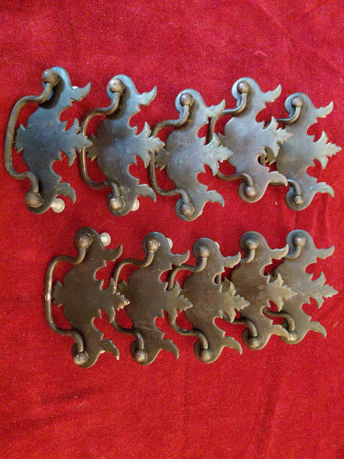 Lot of 10 Chippendale Batwing Brass Drawer Pulls with Handles & Screws W/ Patina