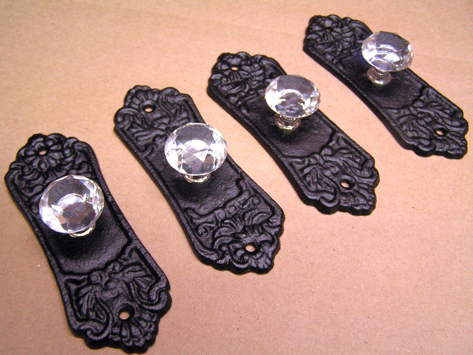 Four Glass Crystal Style Knobs, Black Cast Iron Backplate, Old Style Hardware