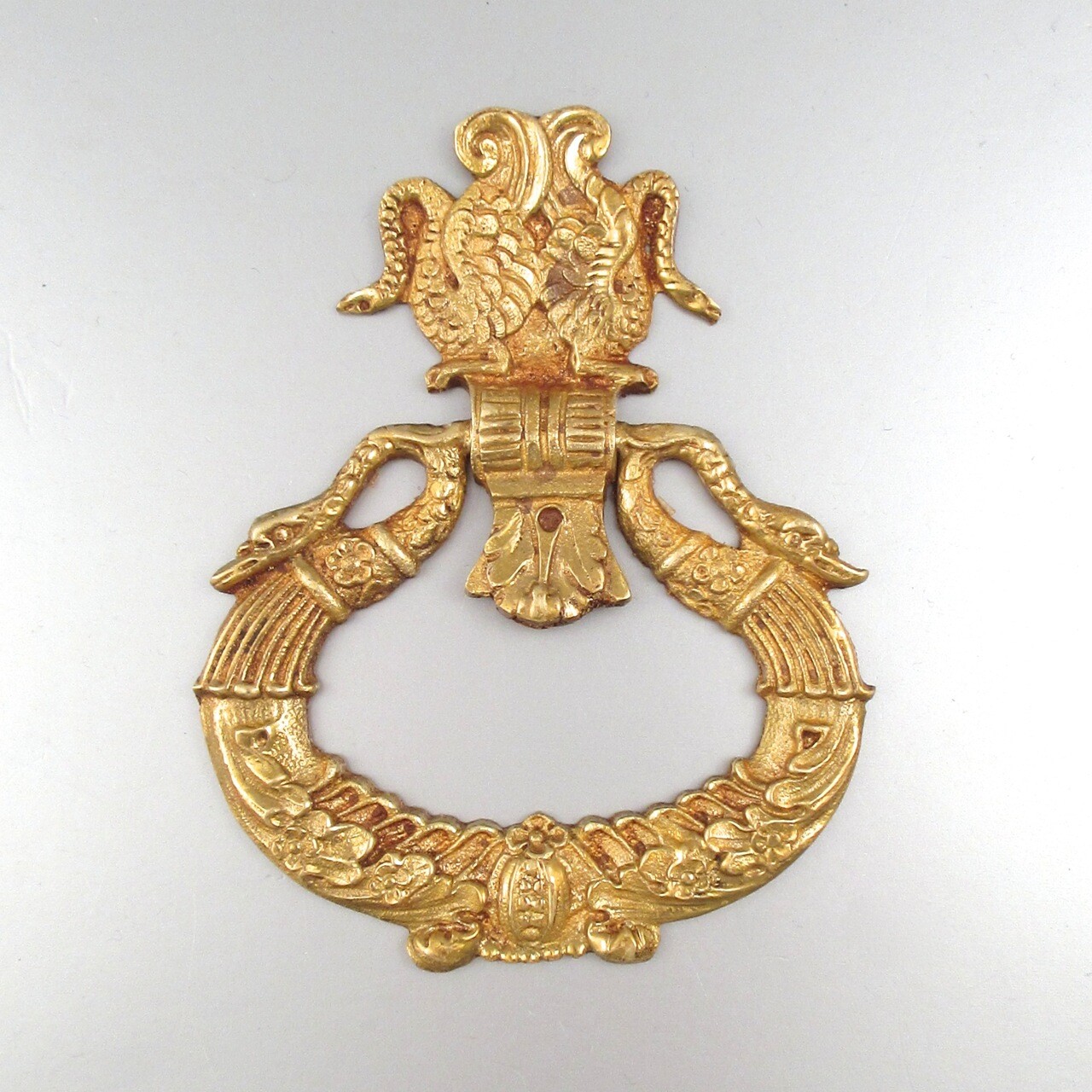 Antique French Gilded Bronze Drawer Pull Ornament, Empire Style, Swan Cornucopia