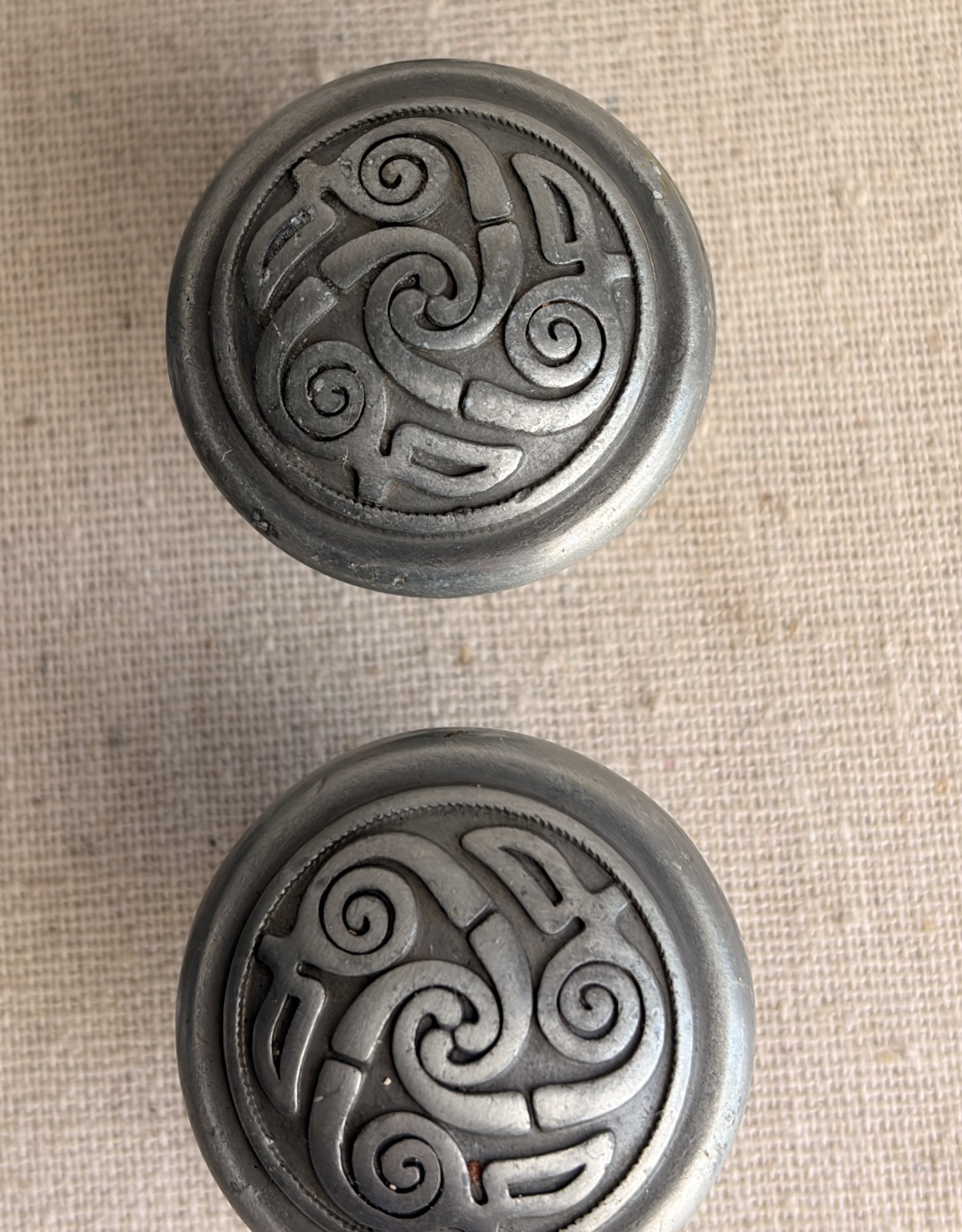 Set of 6 Celtic Triskele Drawer or Cabinet Pulls Lindisfarne Spiral Pewter Finis