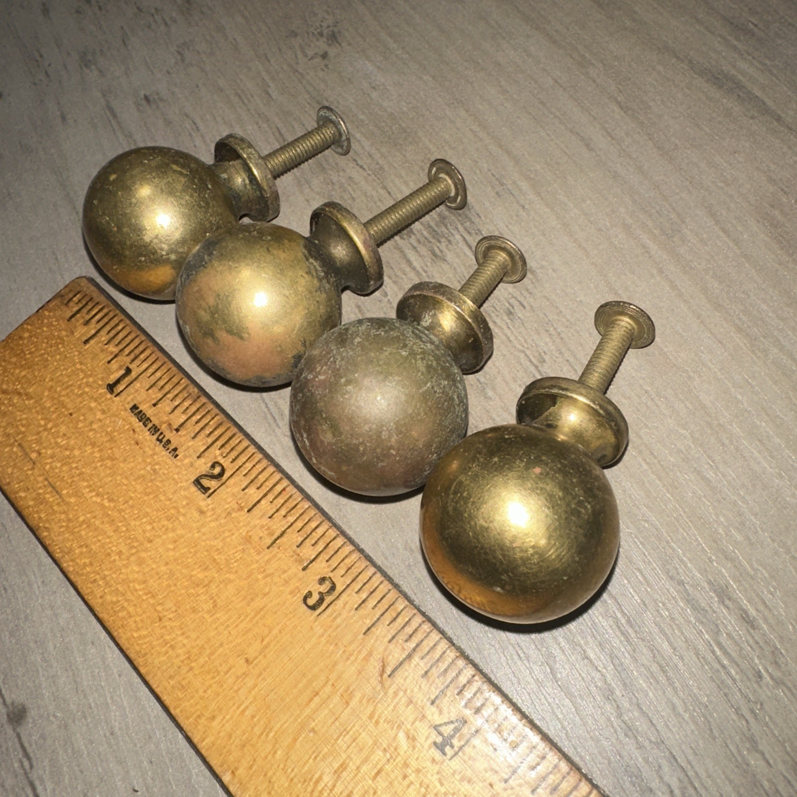 4 Brass Drawer Pulls Round Cannon Ball Style Nice Patina!