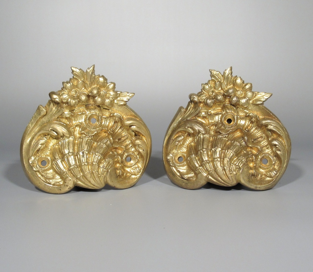 Pair of Antique French Gilded Bronze Handles, Shell, Flowers, Rococo