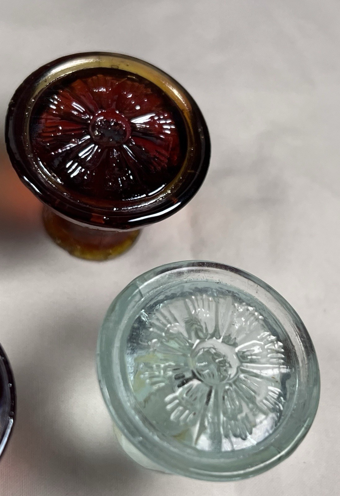 Vintage Glass Cabinet Knobs, 3 reddish Orange, One Greenish Clear,1 1/4 Inch
