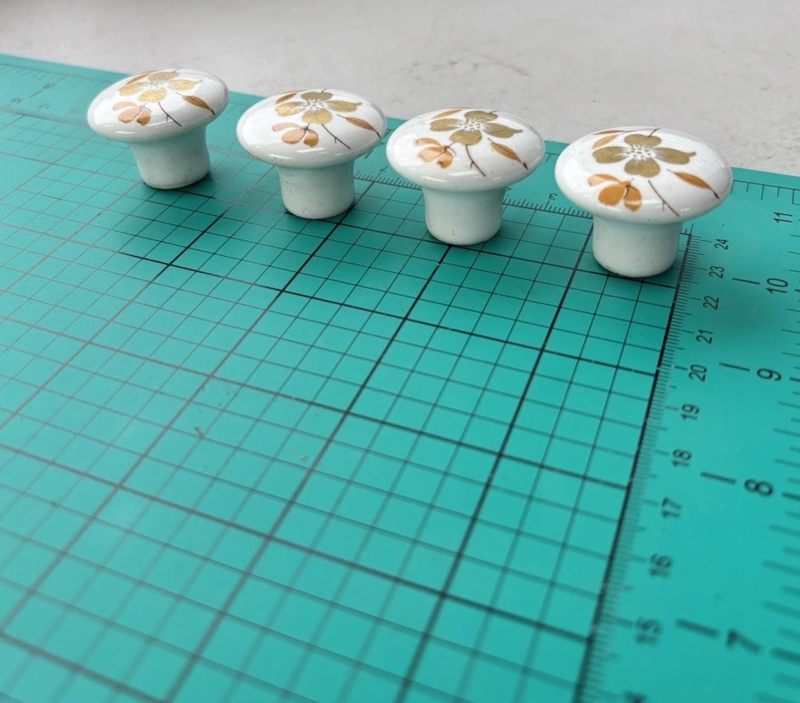 Vintage White Porcelain Cabinet Drawer Door Knobs Pulls Japanese Gold Flower